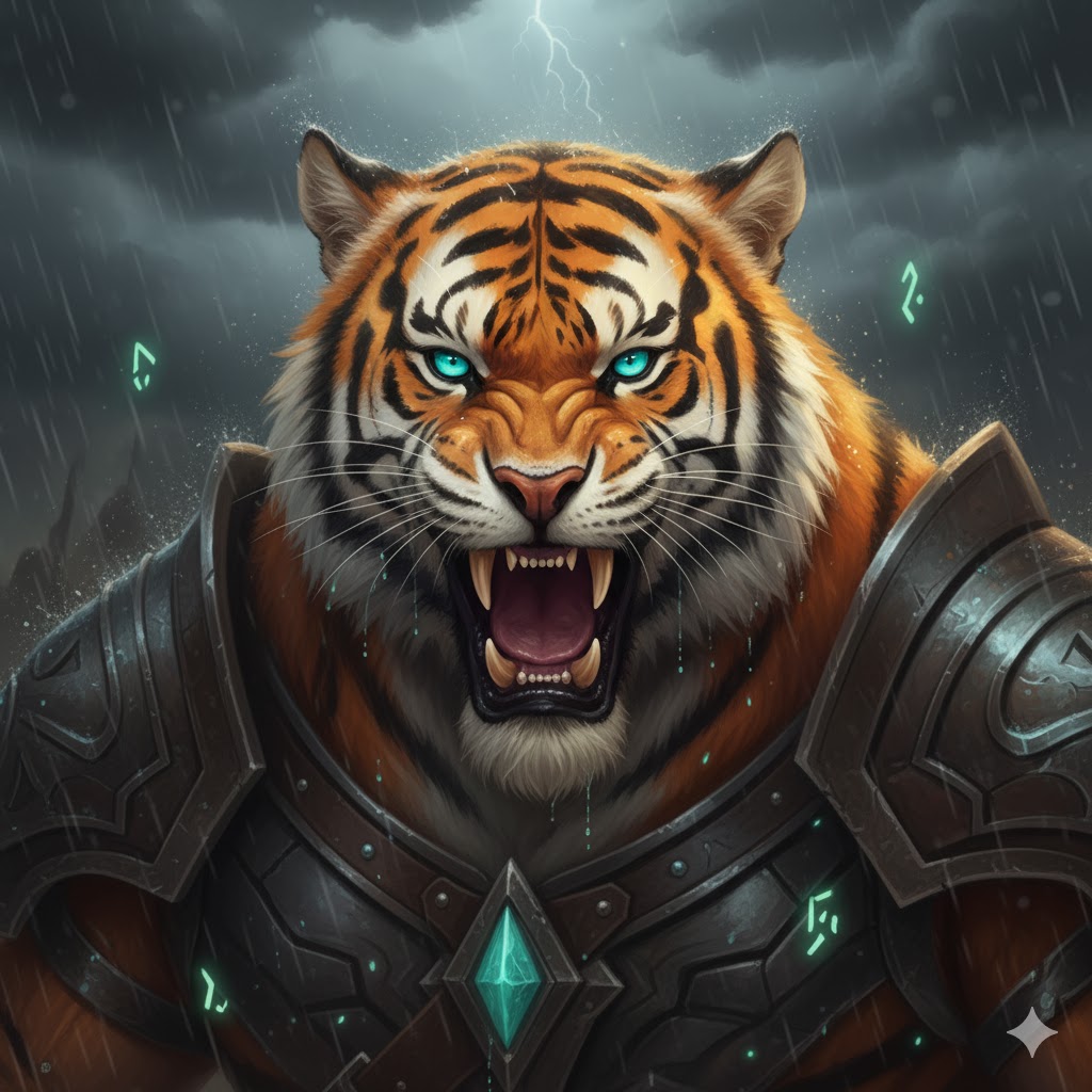 Intense close-up of a massive Bengal tiger warrior with piercing eyes, white fangs bared in aggressive snarl